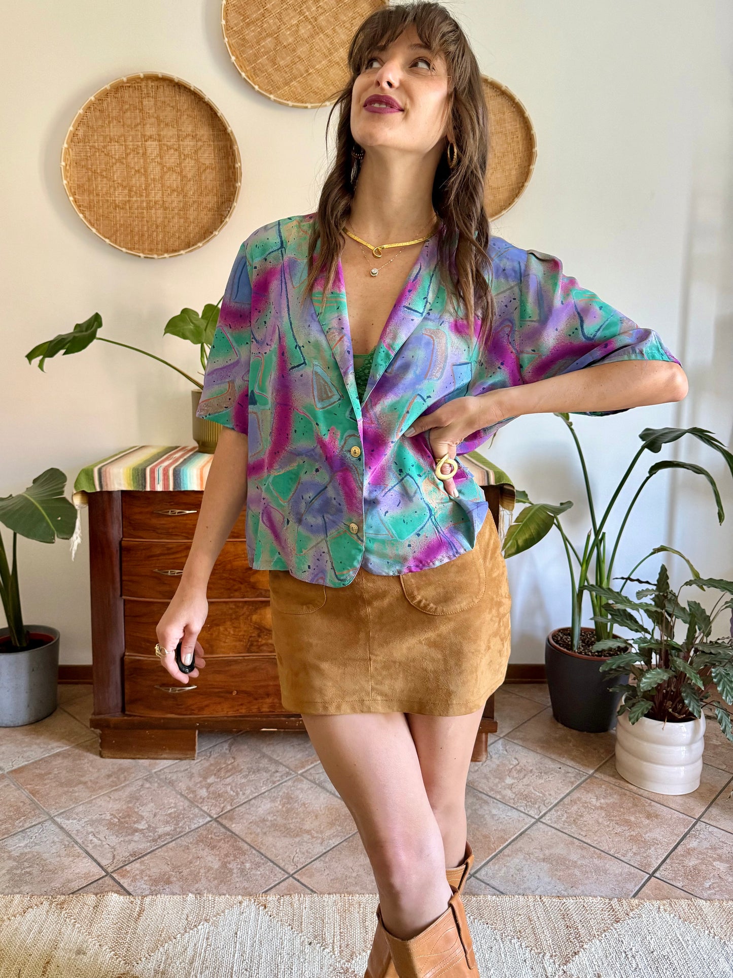 1970's vintage purple, teal and fuchsia abstract print blouse