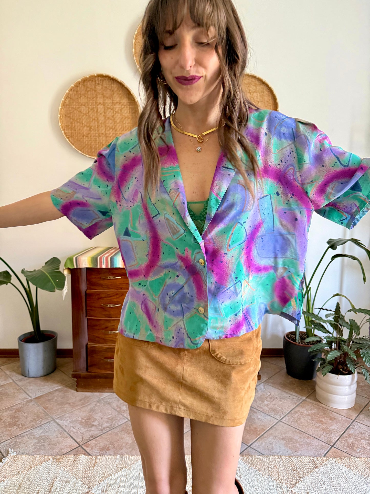 1970's vintage purple, teal and fuchsia abstract print blouse