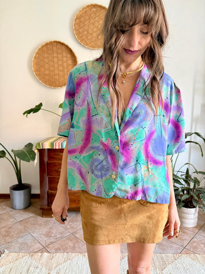 1970's vintage purple, teal and fuchsia abstract print blouse