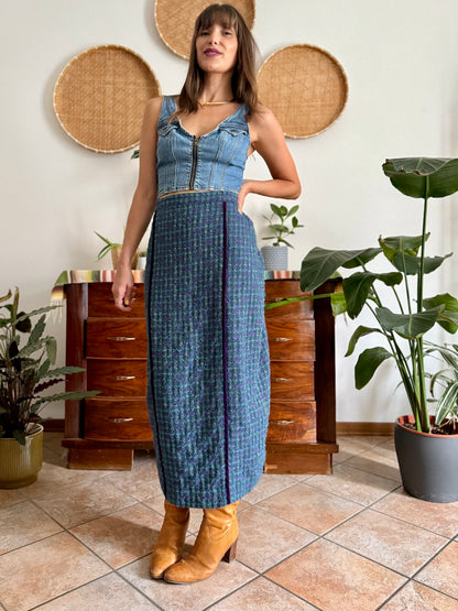 1970's vintage wool blend turquoise and purple plaid maxi skirt with purple velvet details