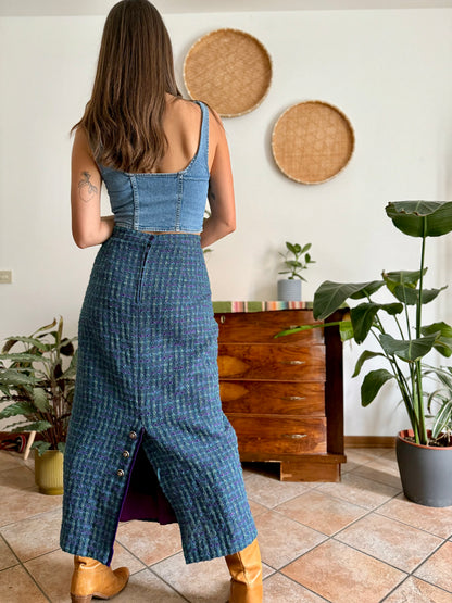 1970's vintage wool blend turquoise and purple plaid maxi skirt with purple velvet details