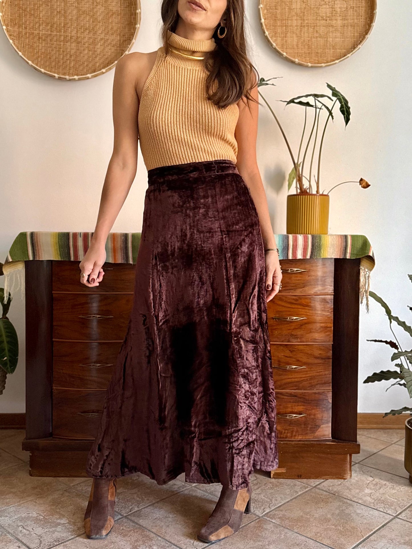 1990's vintage chocolate brown velvet maxi skirt