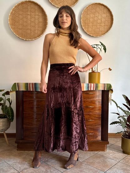 1990's vintage chocolate brown velvet maxi skirt