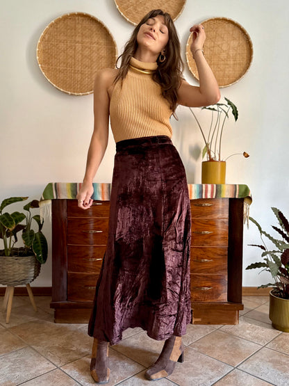 1990's vintage chocolate brown velvet maxi skirt