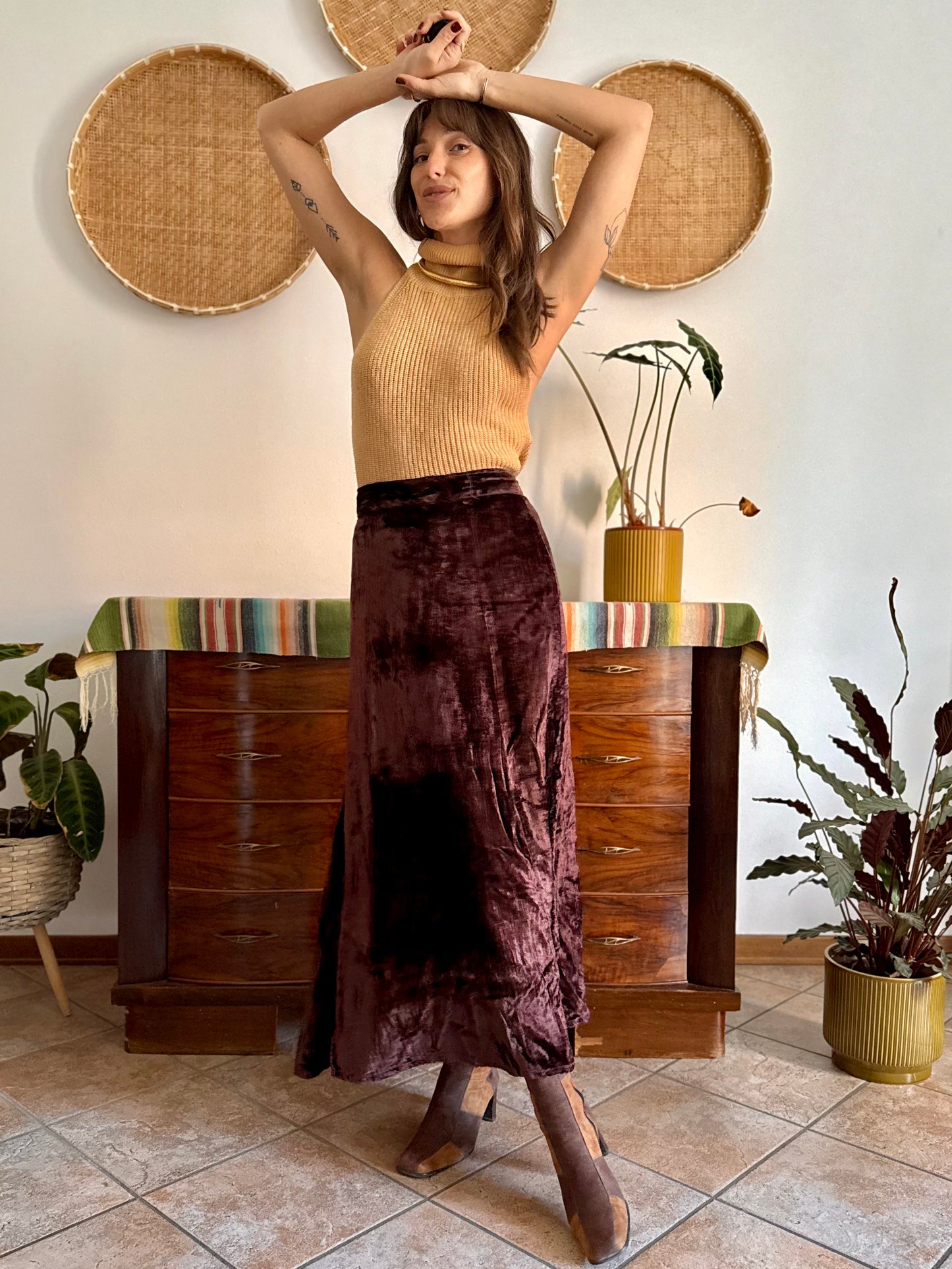 1990's vintage chocolate brown velvet maxi skirt
