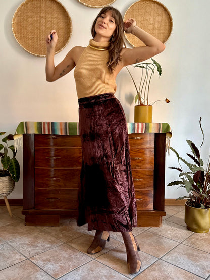 1990's vintage chocolate brown velvet maxi skirt