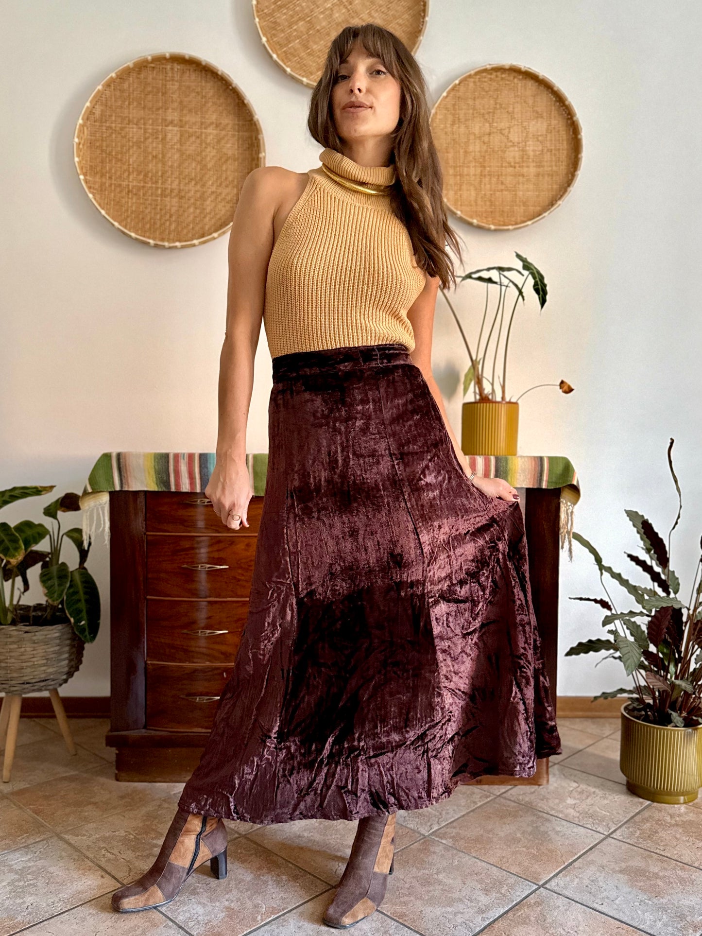 1990's vintage chocolate brown velvet maxi skirt