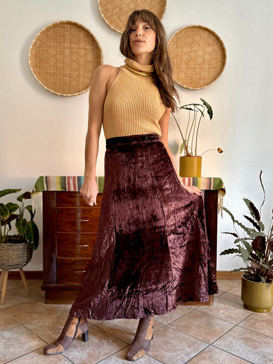 1990's vintage chocolate brown velvet maxi skirt