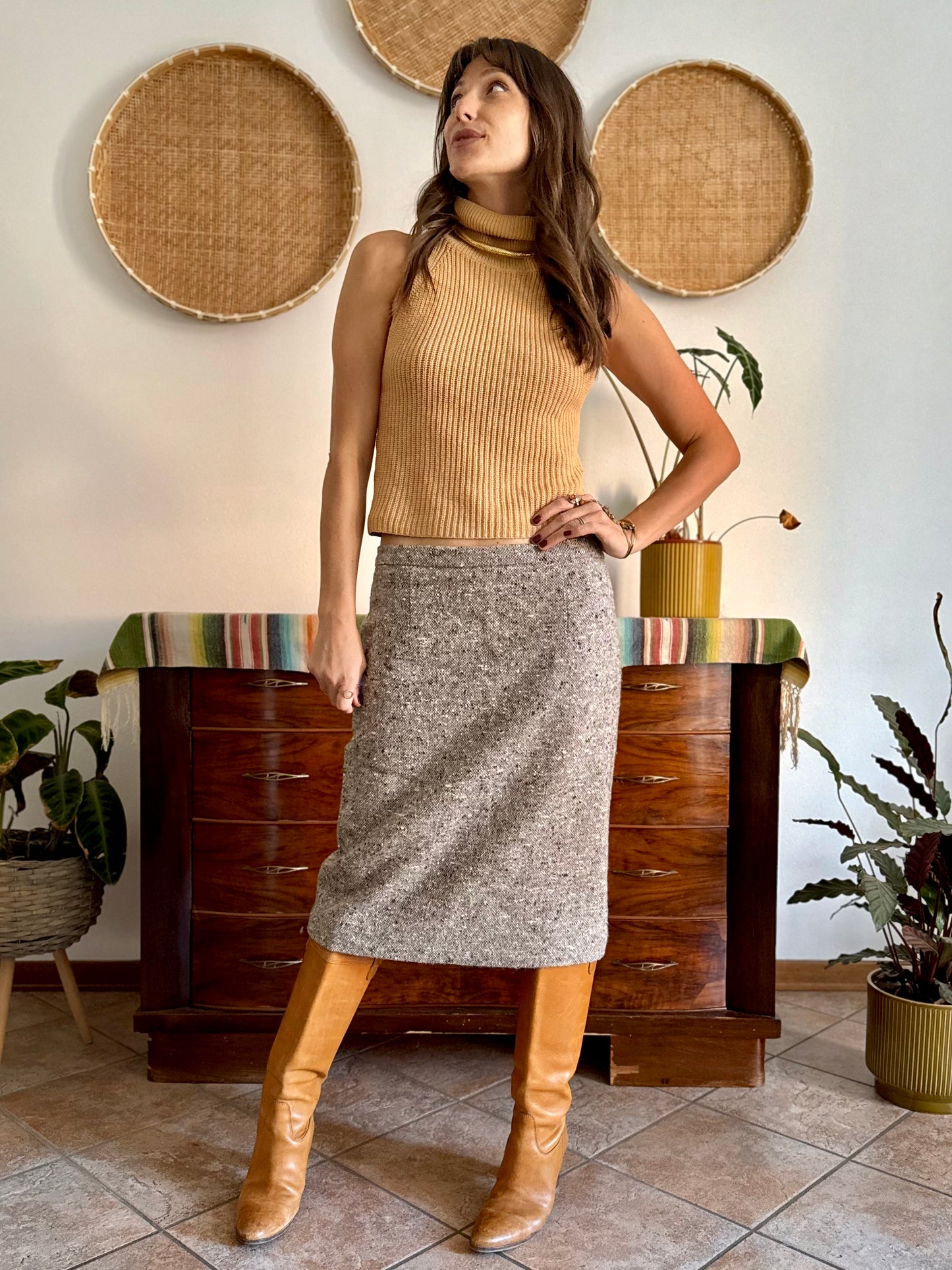 1970's vintage chocolate brown and cream tweed wool midi skirt