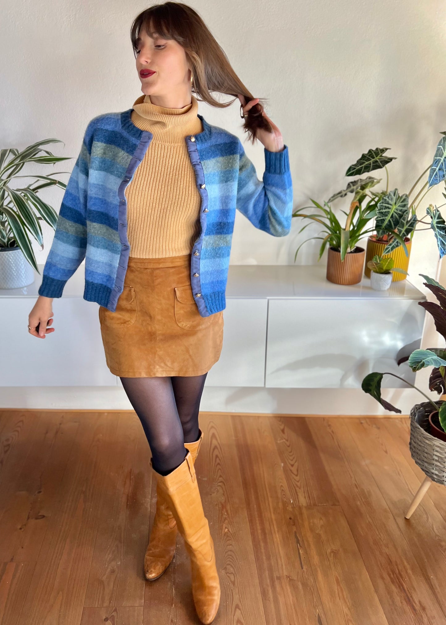 1970's vintage multi tonal blue stripe knit wool cardigan