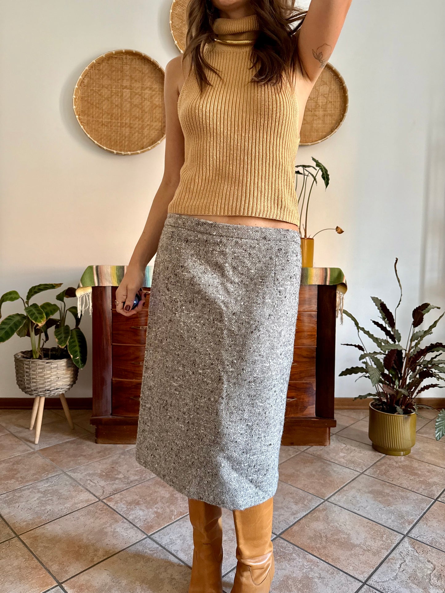 1970's vintage chocolate brown and cream tweed wool midi skirt