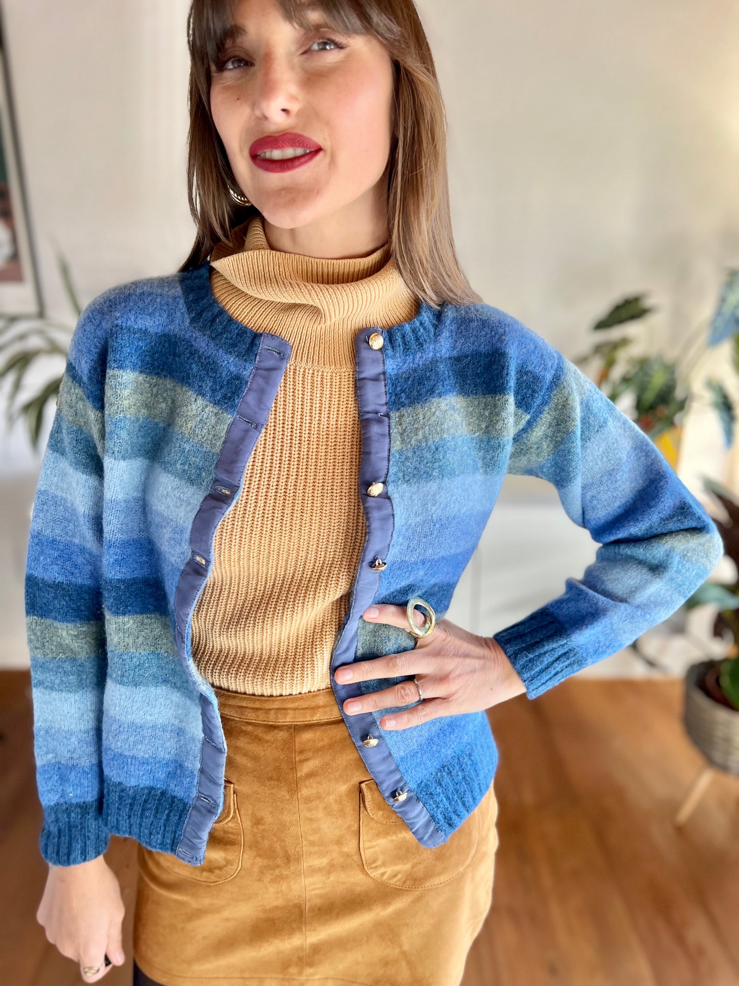 1970's vintage multi tonal blue stripe knit wool cardigan
