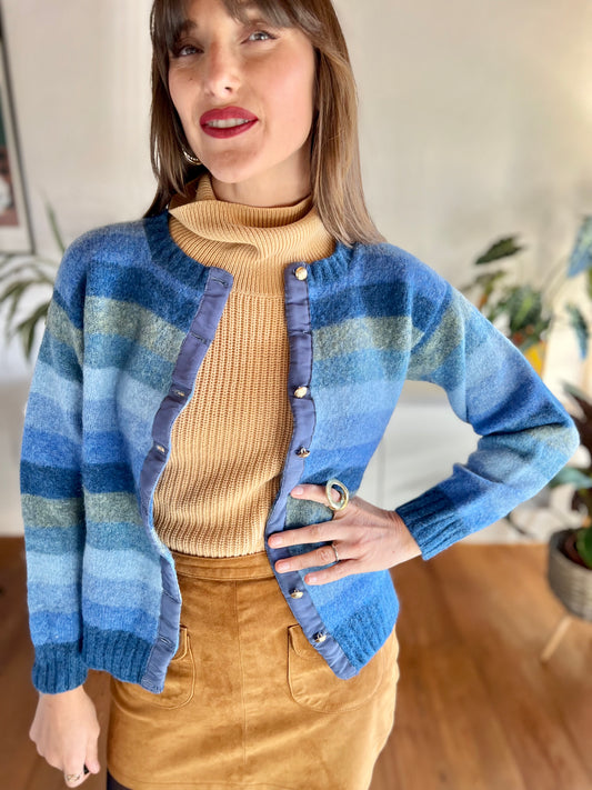 1970's vintage multi tonal blue stripe knit wool cardigan