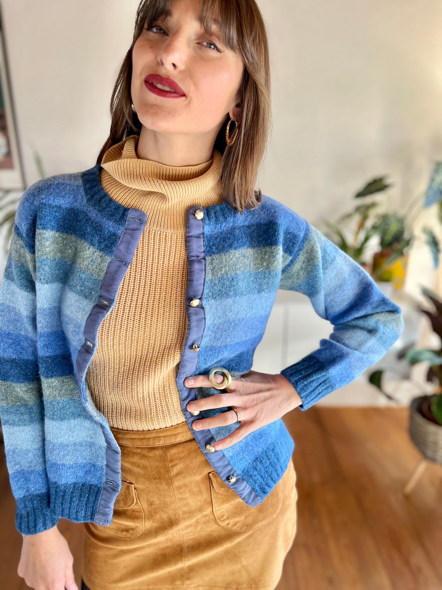 1970's vintage multi tonal blue stripe knit wool cardigan