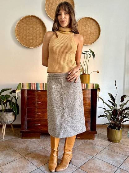 1970's vintage chocolate brown and cream tweed wool midi skirt