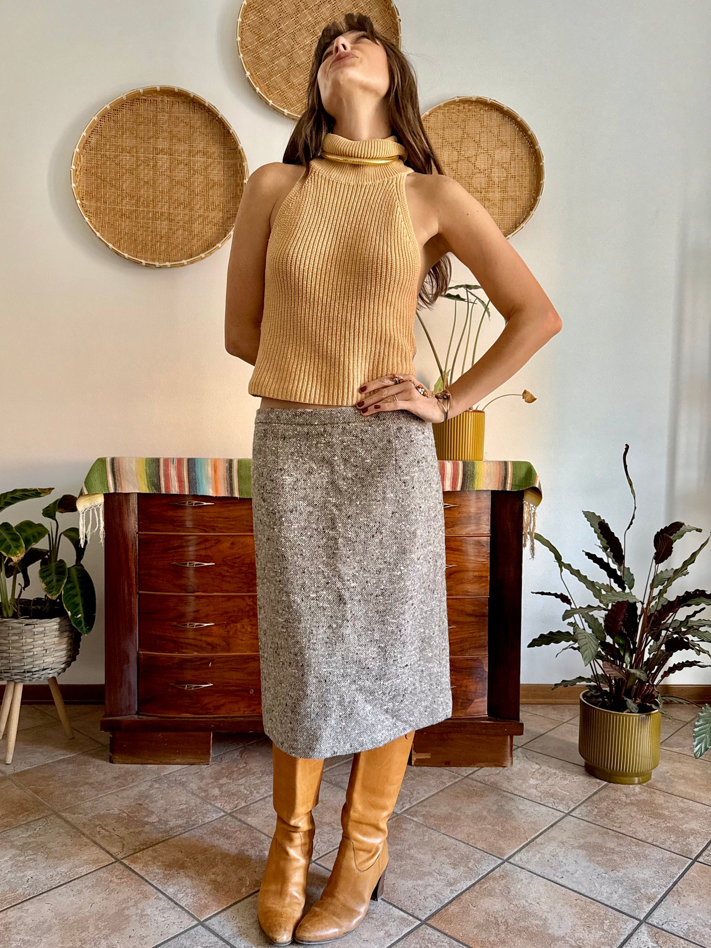 1970's vintage chocolate brown and cream tweed wool midi skirt