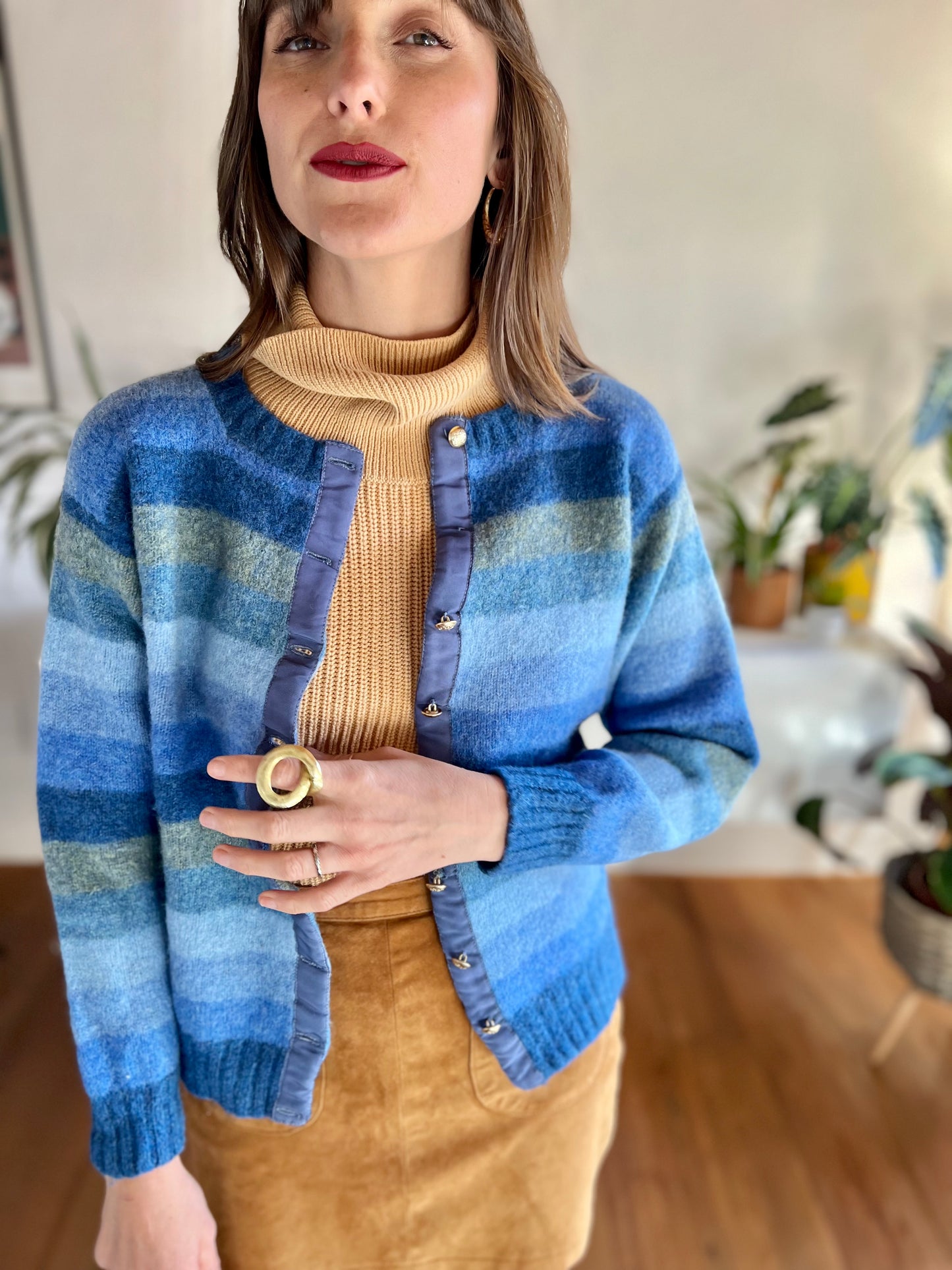 1970's vintage multi tonal blue stripe knit wool cardigan