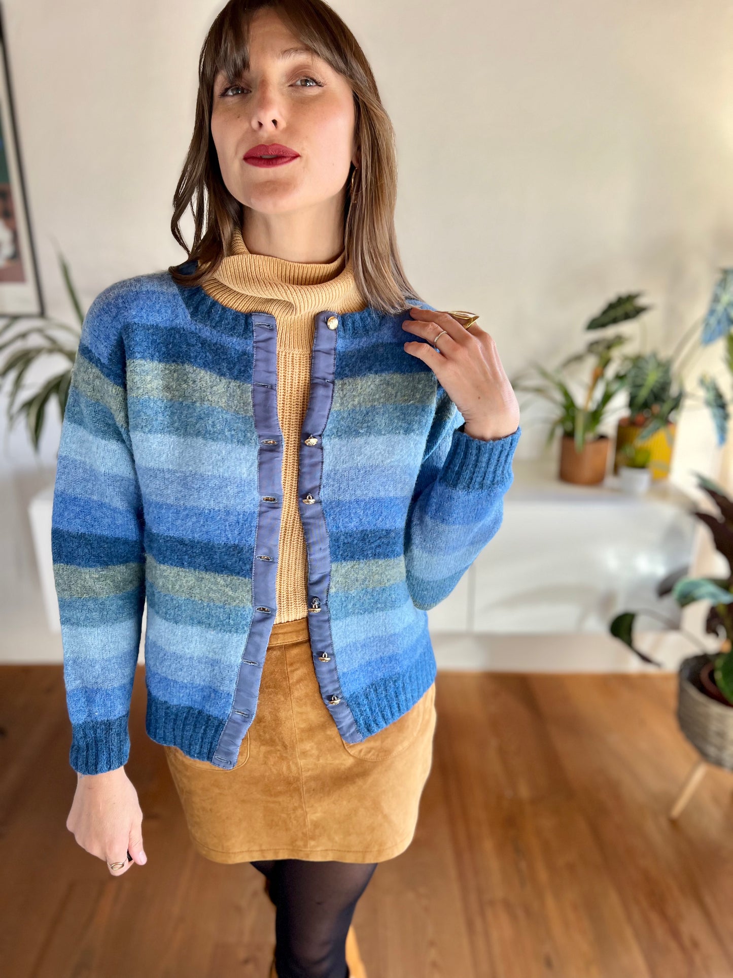 1970's vintage multi tonal blue stripe knit wool cardigan