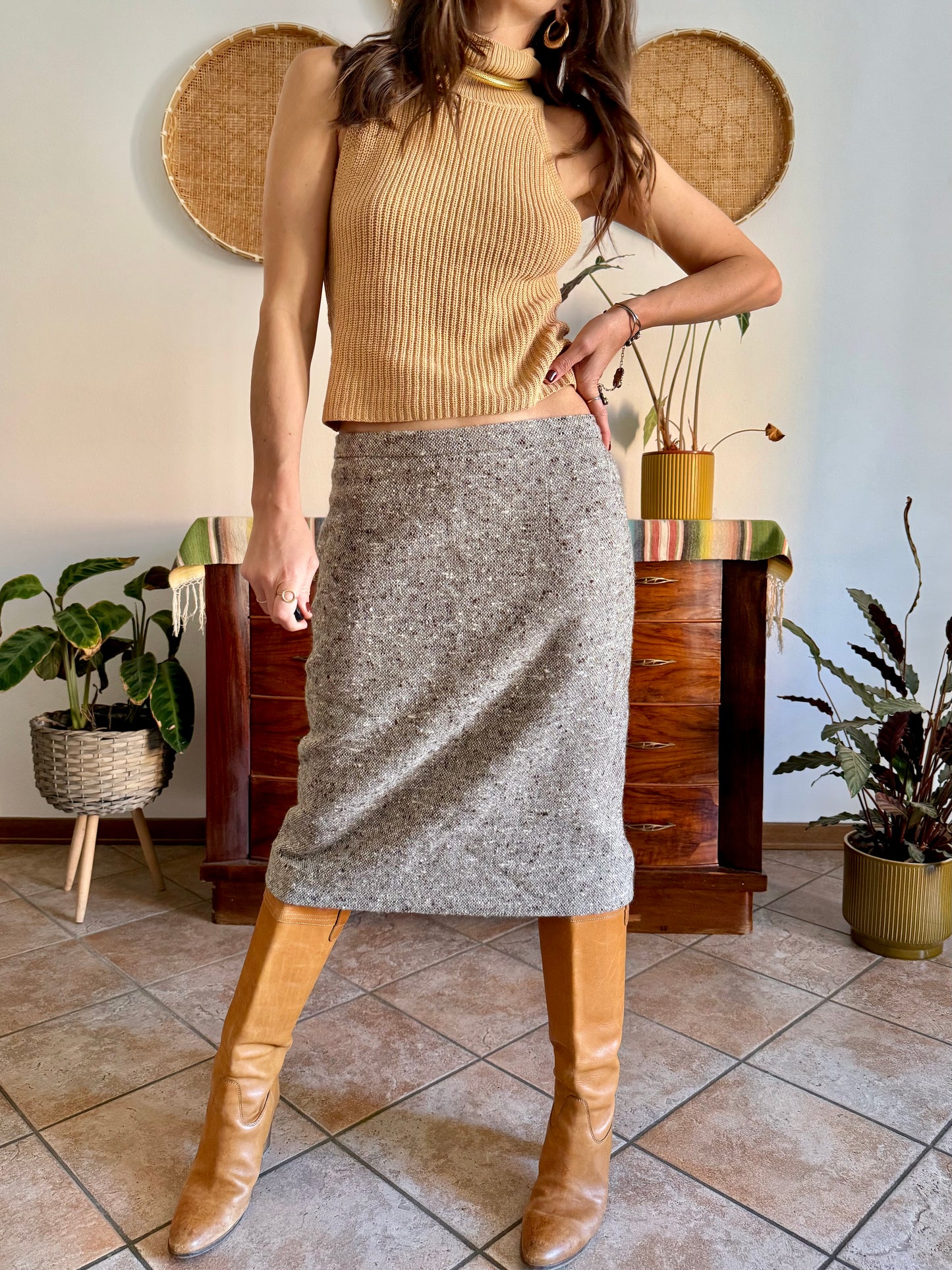 1970's vintage chocolate brown and cream tweed wool midi skirt