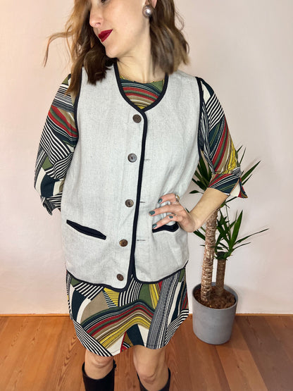 1990's vintage hand woven grey textured vest with black trim