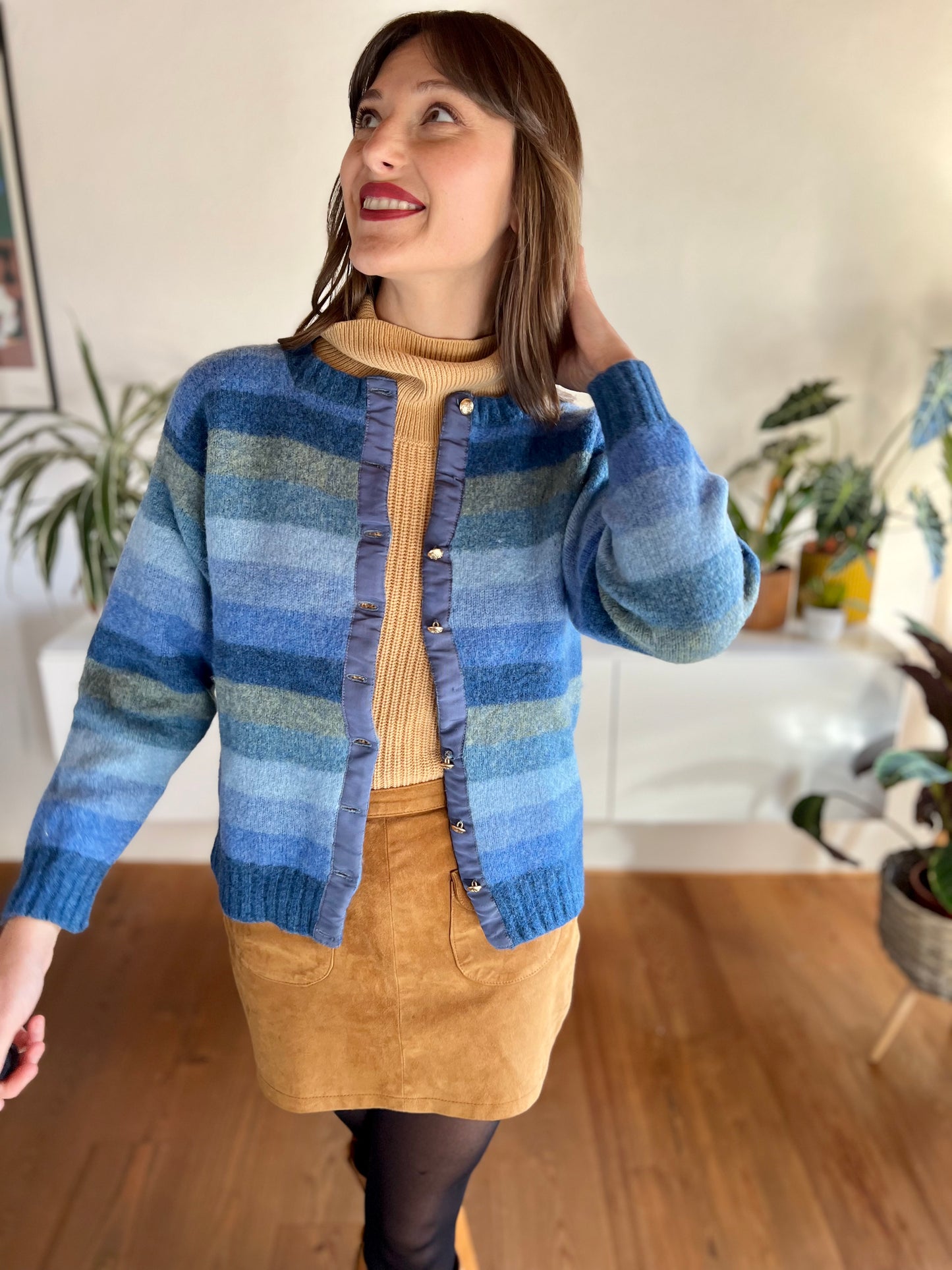 1970's vintage multi tonal blue stripe knit wool cardigan