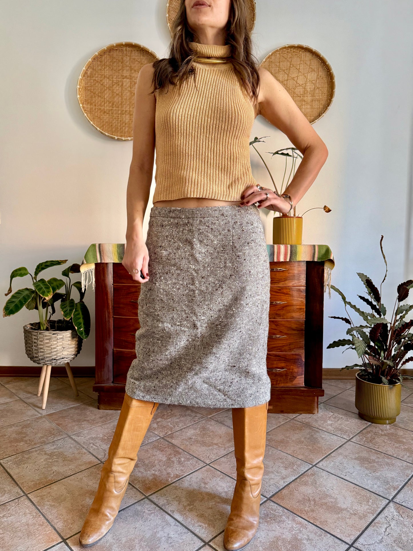 1970's vintage chocolate brown and cream tweed wool midi skirt