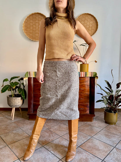 1970's vintage chocolate brown and cream tweed wool midi skirt