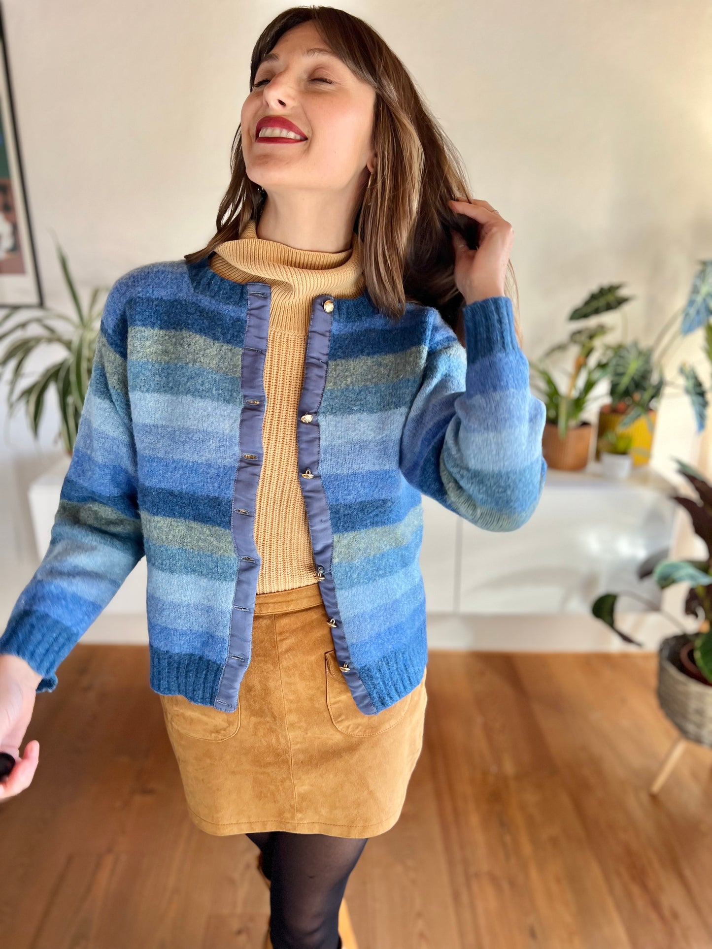 1970's vintage multi tonal blue stripe knit wool cardigan