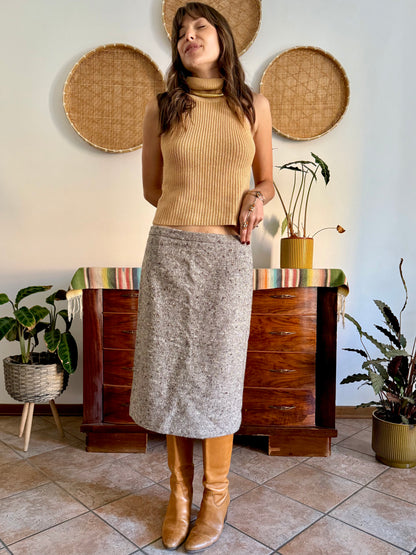 1970's vintage chocolate brown and cream tweed wool midi skirt