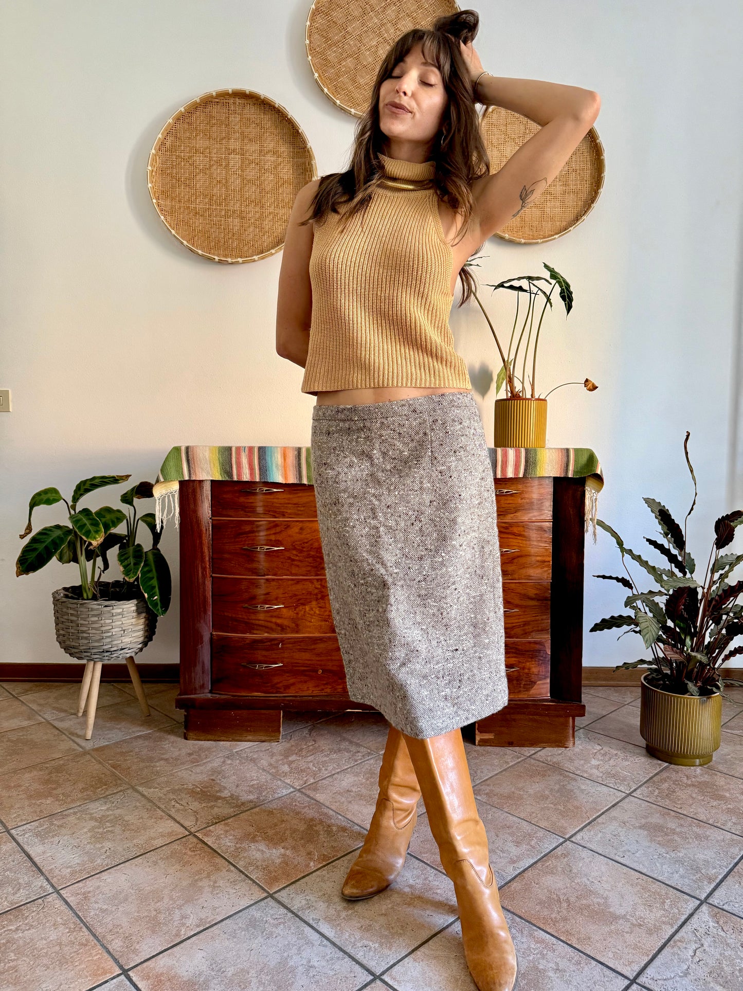 1970's vintage chocolate brown and cream tweed wool midi skirt