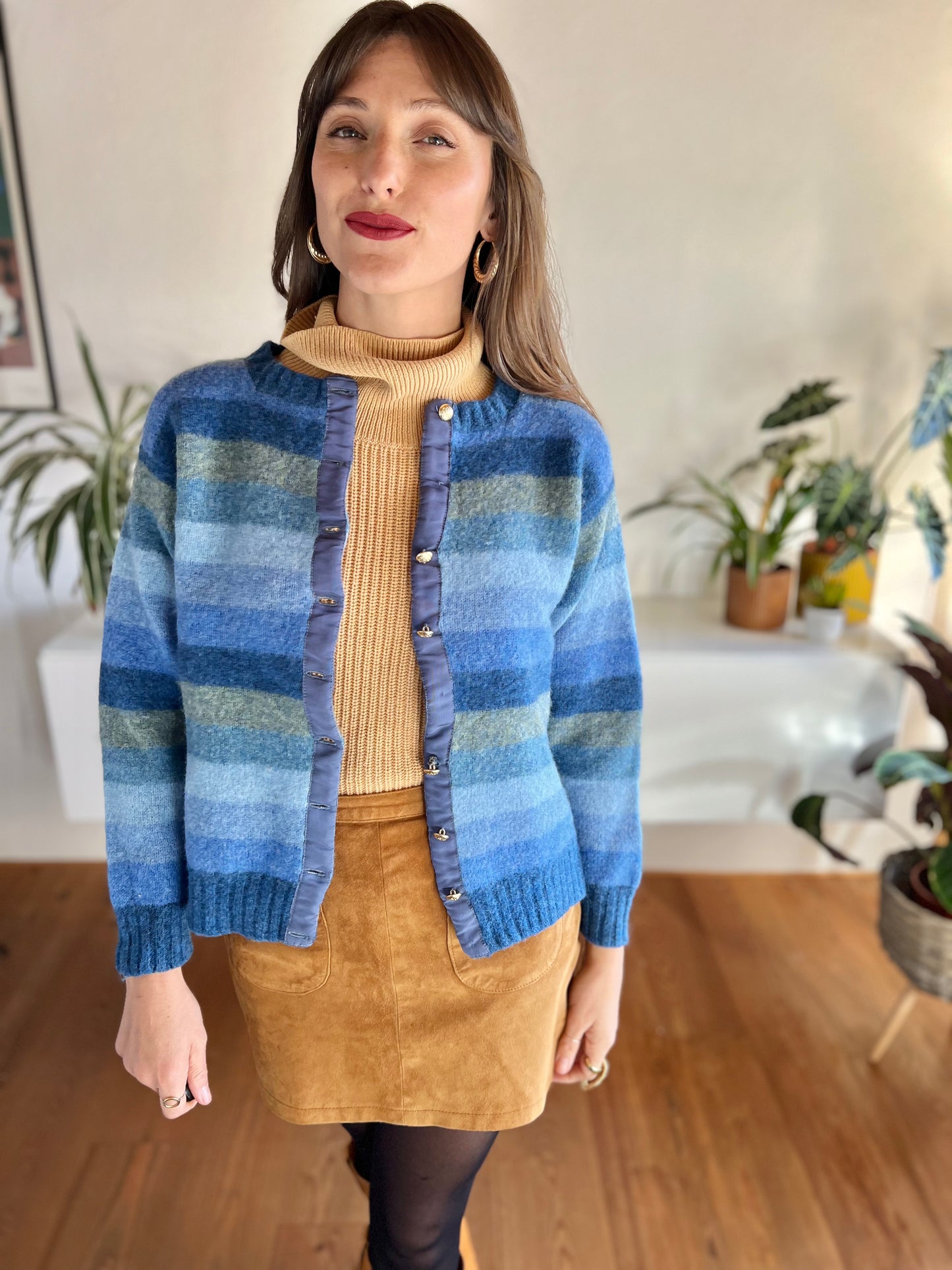 1970's vintage multi tonal blue stripe knit wool cardigan