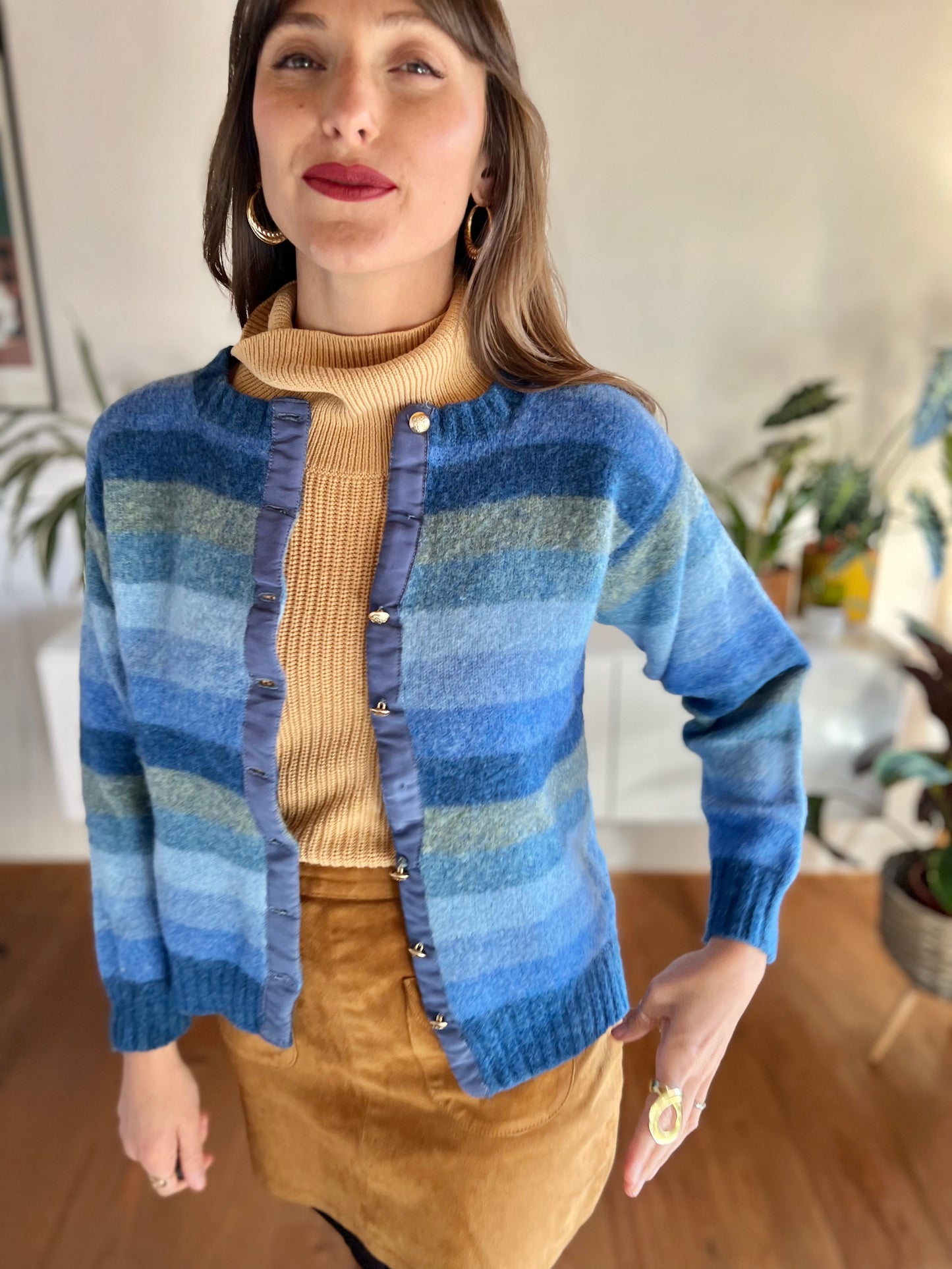 1970's vintage multi tonal blue stripe knit wool cardigan
