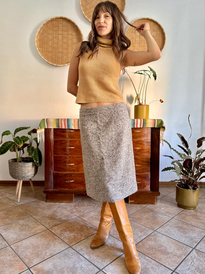 1970's vintage chocolate brown and cream tweed wool midi skirt