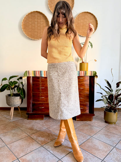 1970's vintage chocolate brown and cream tweed wool midi skirt