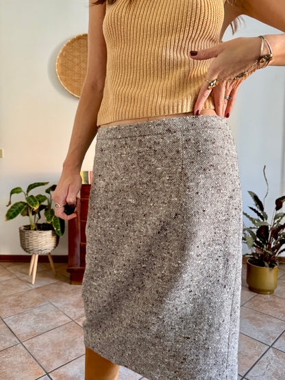 1970's vintage chocolate brown and cream tweed wool midi skirt