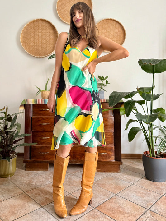 1990's vintage silk double layer yellow and green floral midi dress