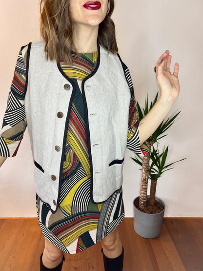 1990's vintage hand woven grey textured vest with black trim