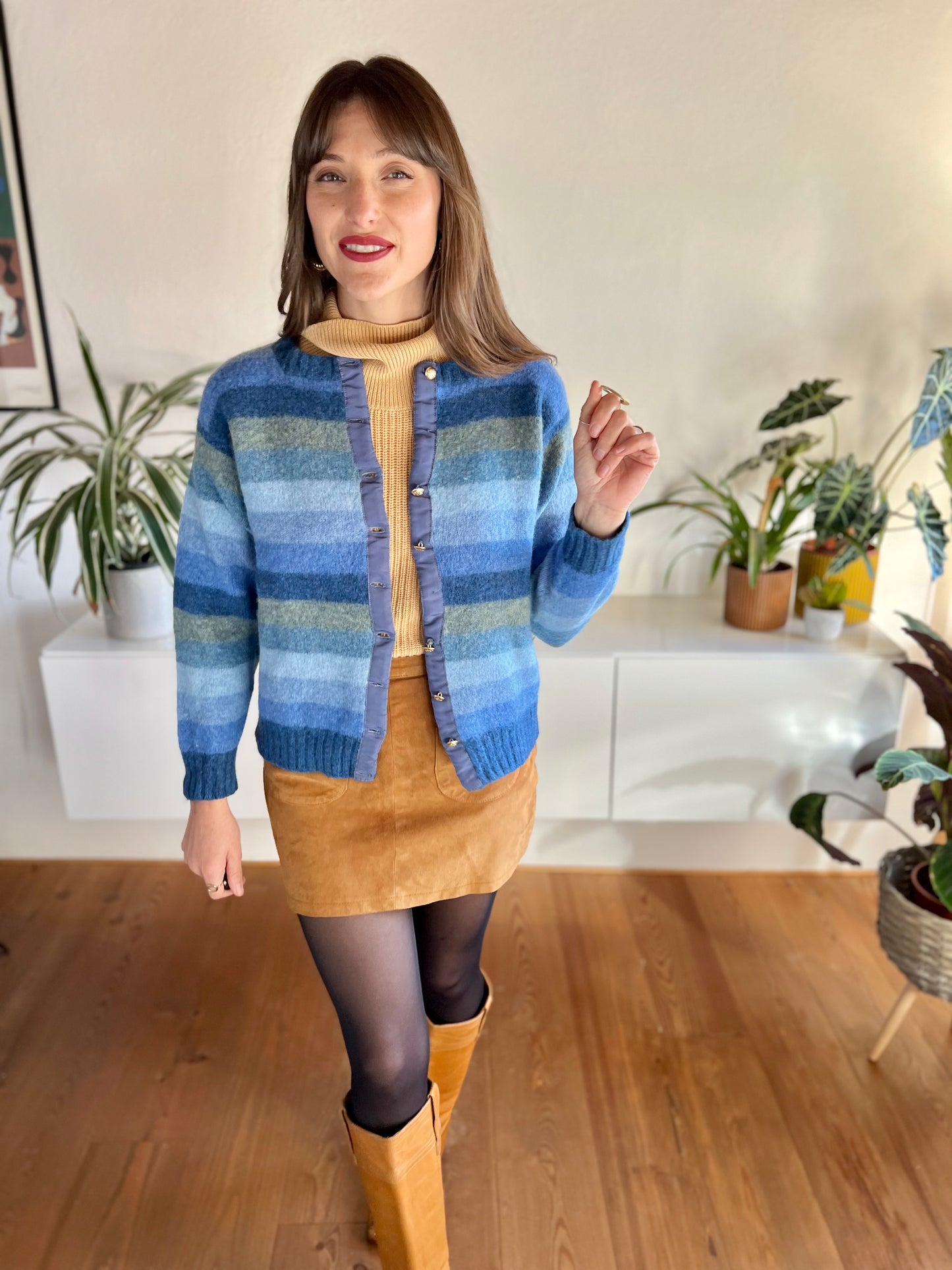 1970's vintage multi tonal blue stripe knit wool cardigan