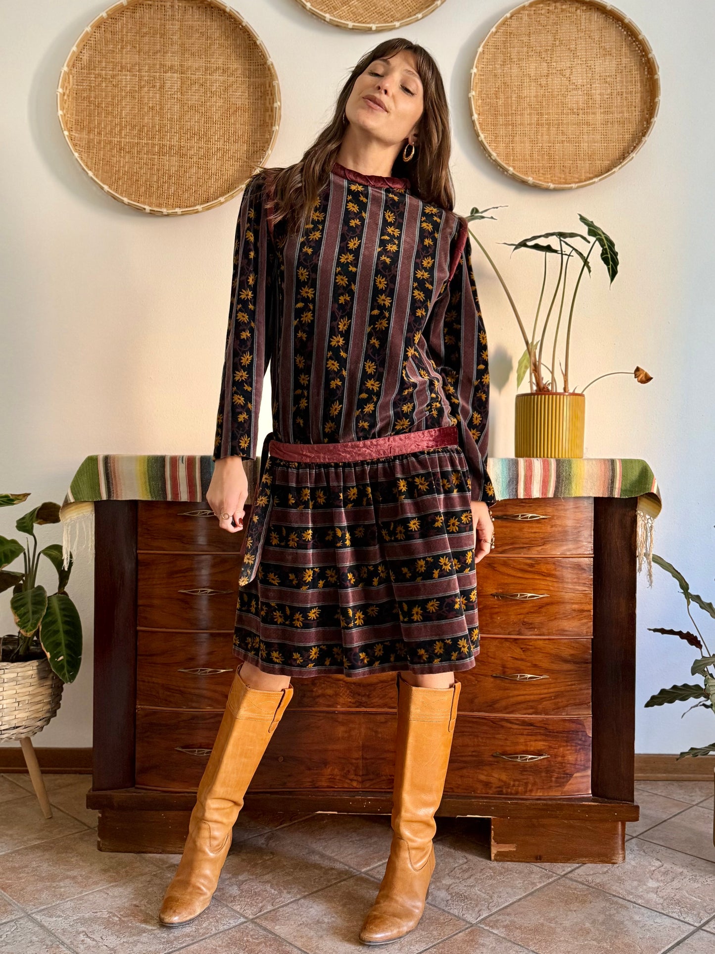 1970's vintage burgundy and black velvet drop waist dress with grey and mustard floral print