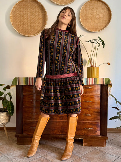 1970's vintage burgundy and black velvet drop waist dress with grey and mustard floral print
