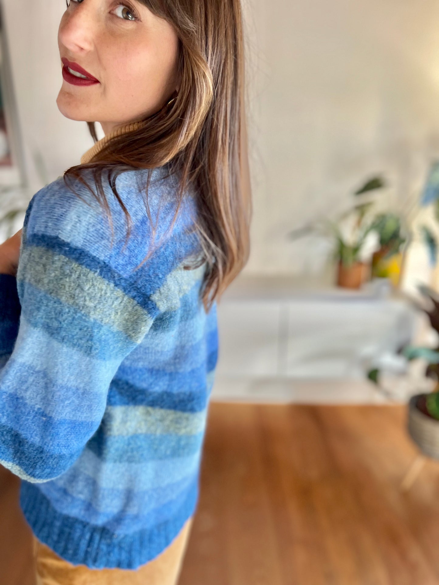 1970's vintage multi tonal blue stripe knit wool cardigan