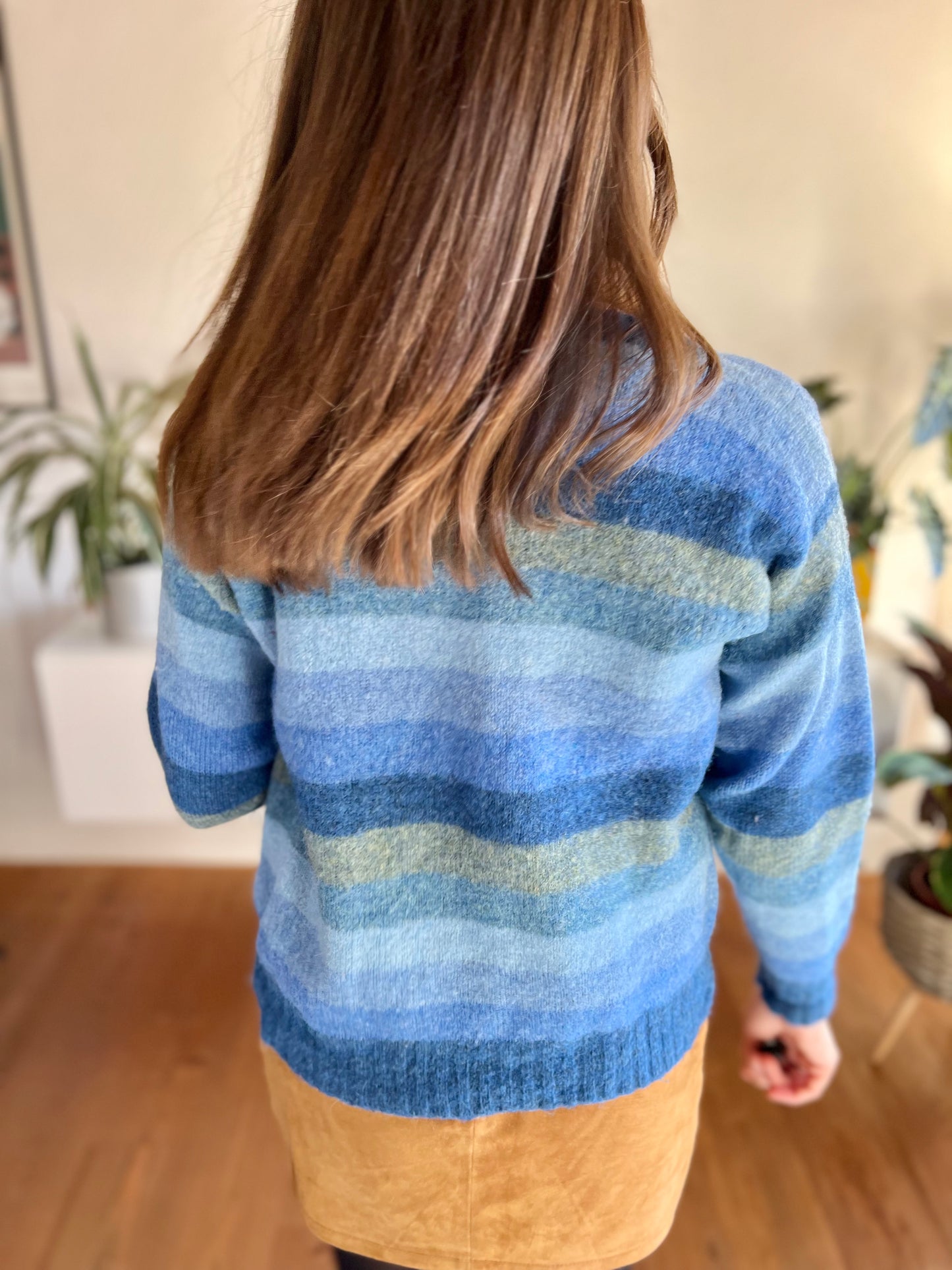 1970's vintage multi tonal blue stripe knit wool cardigan