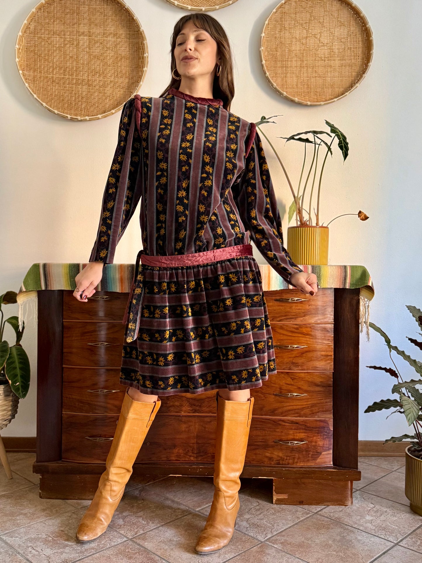 1970's vintage burgundy and black velvet drop waist dress with grey and mustard floral print