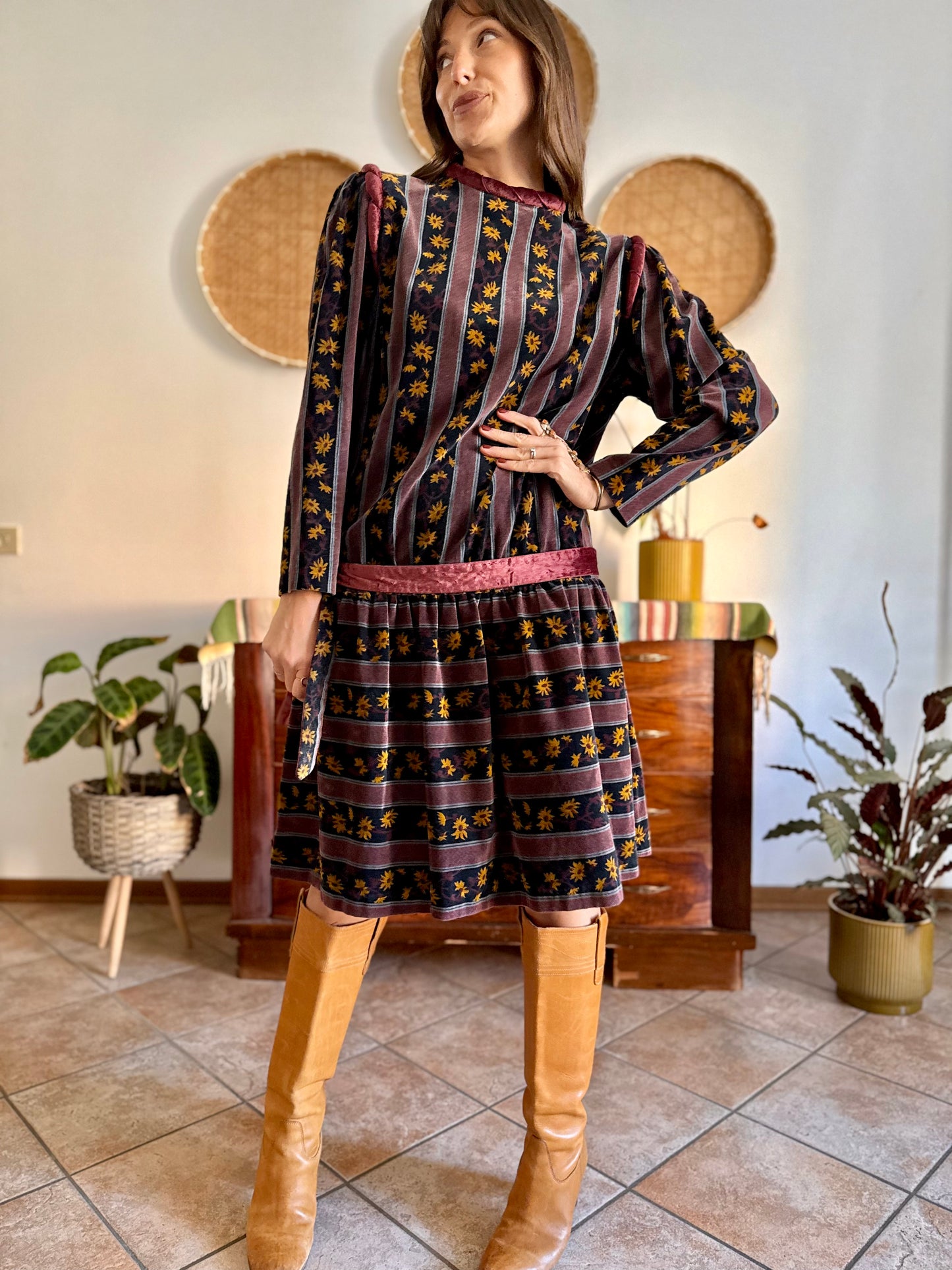 1970's vintage burgundy and black velvet drop waist dress with grey and mustard floral print