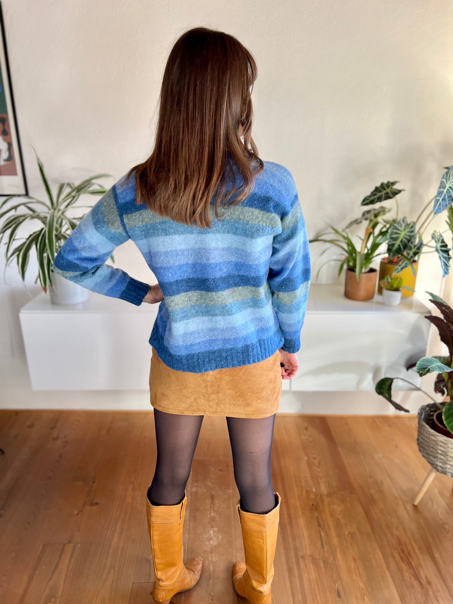 1970's vintage multi tonal blue stripe knit wool cardigan
