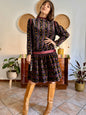 1970's vintage burgundy and black velvet drop waist dress with grey and mustard floral print