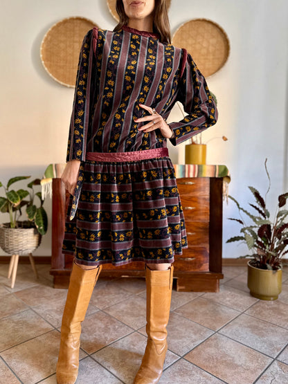 1970's vintage burgundy and black velvet drop waist dress with grey and mustard floral print