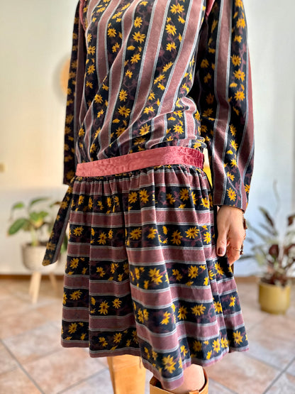 1970's vintage burgundy and black velvet drop waist dress with grey and mustard floral print