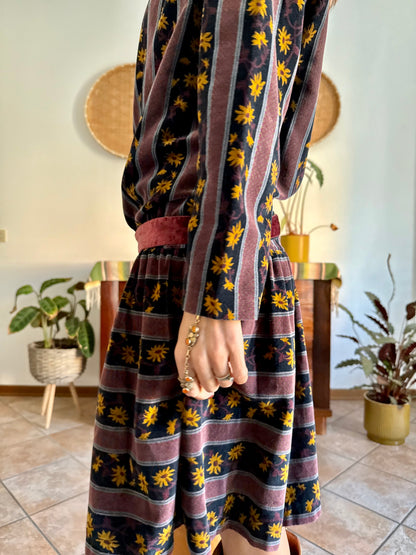 1970's vintage burgundy and black velvet drop waist dress with grey and mustard floral print