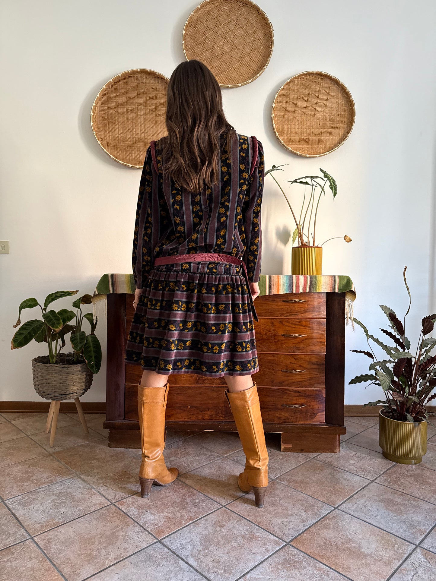 1970's vintage burgundy and black velvet drop waist dress with grey and mustard floral print